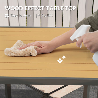 Garden Table for 4, 90 cm Rectangular Outdoor Dining Table with 4.2 cm Umbrella Hole, Wood Effect Top, Rust Resistant Frame