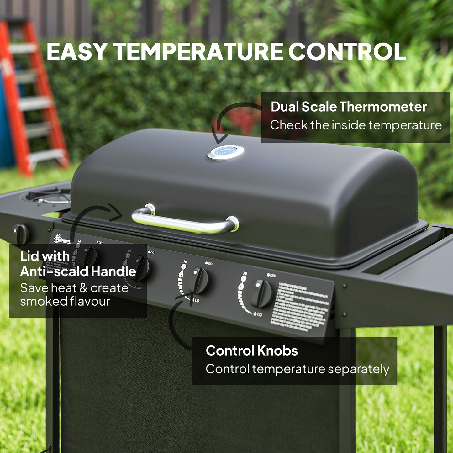 4+1 Burner Gas BBQ Grill, Portable Gas Barbecue Grill with Built-in Thermometer, Lid, Side Table, Shelf, Spice Rack, Wheels
