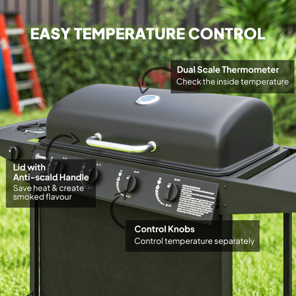 4+1 Burner Gas BBQ Grill, Portable Gas Barbecue Grill with Built-in Thermometer, Lid, Side Table, Shelf, Spice Rack, Wheels