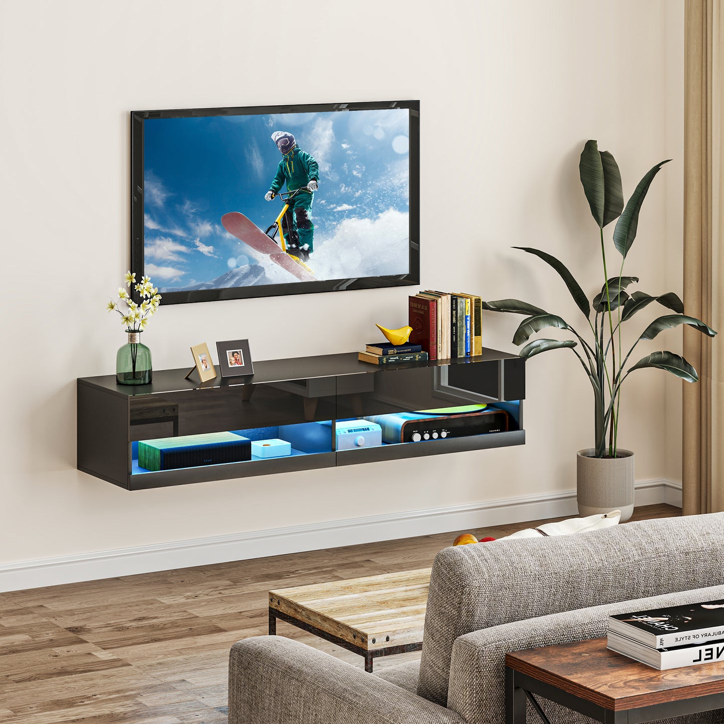 Floating TV Unit, Wall Mounted TV Cabinet for TVs up to 65", High Gloss Media Wall Unit with LED Lights, Storage Shelves