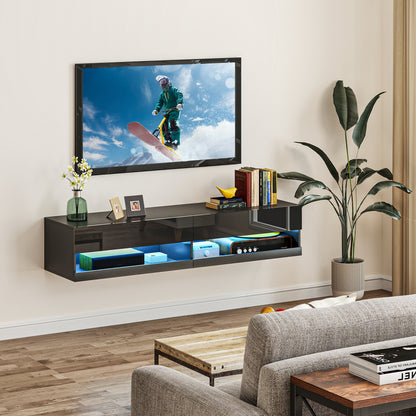 Floating TV Unit, Wall Mounted TV Cabinet for TVs up to 65", High Gloss Media Wall Unit with LED Lights, Storage Shelves
