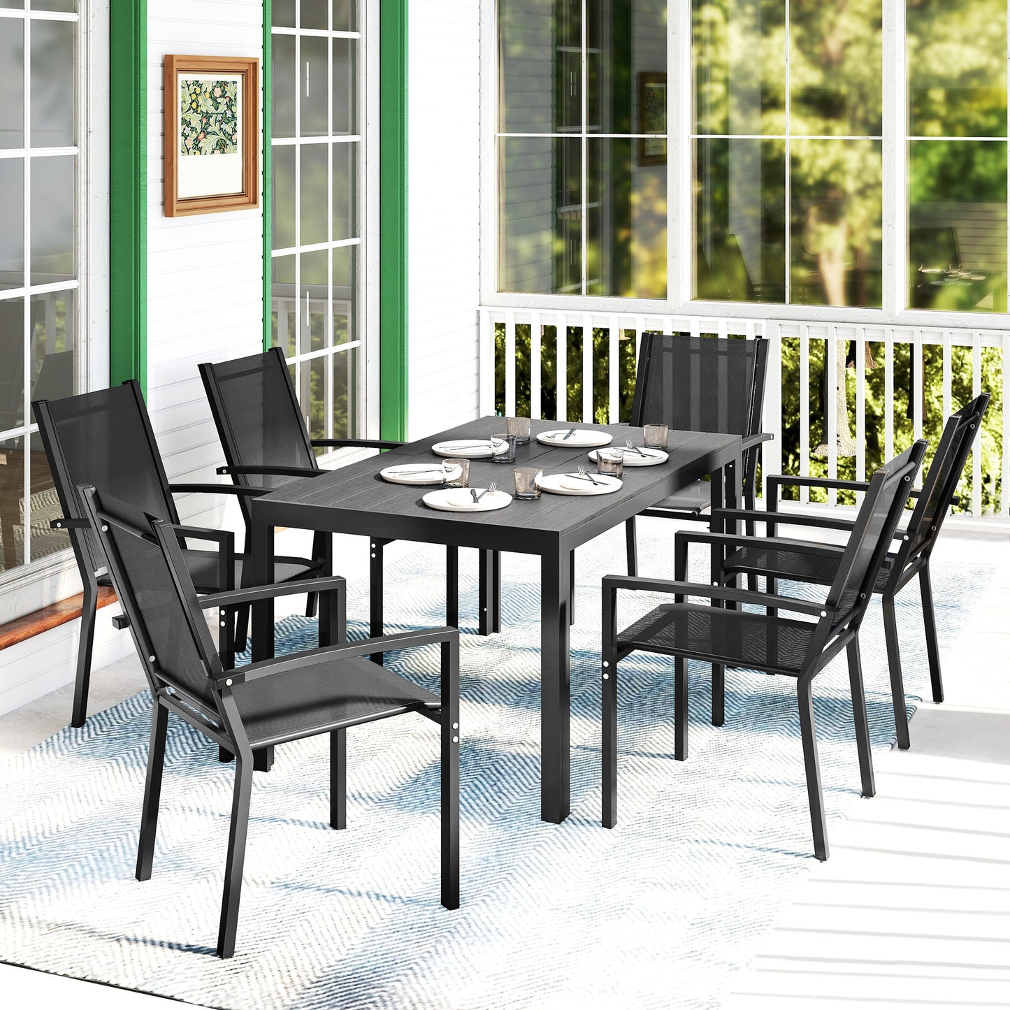 Seven-Piece Garden Dining Set, with Plastic Wood-Top Table - Black