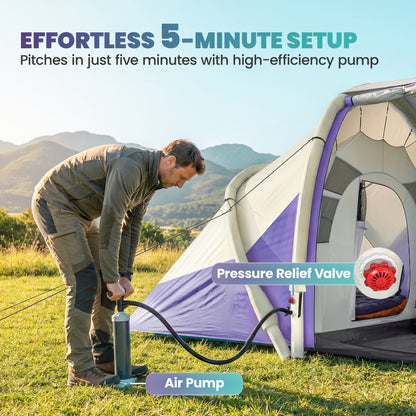 Inflatable Tent 2 Bedroom Tunnel Design Windproof Air Tent with Carry Bag for 4 Person