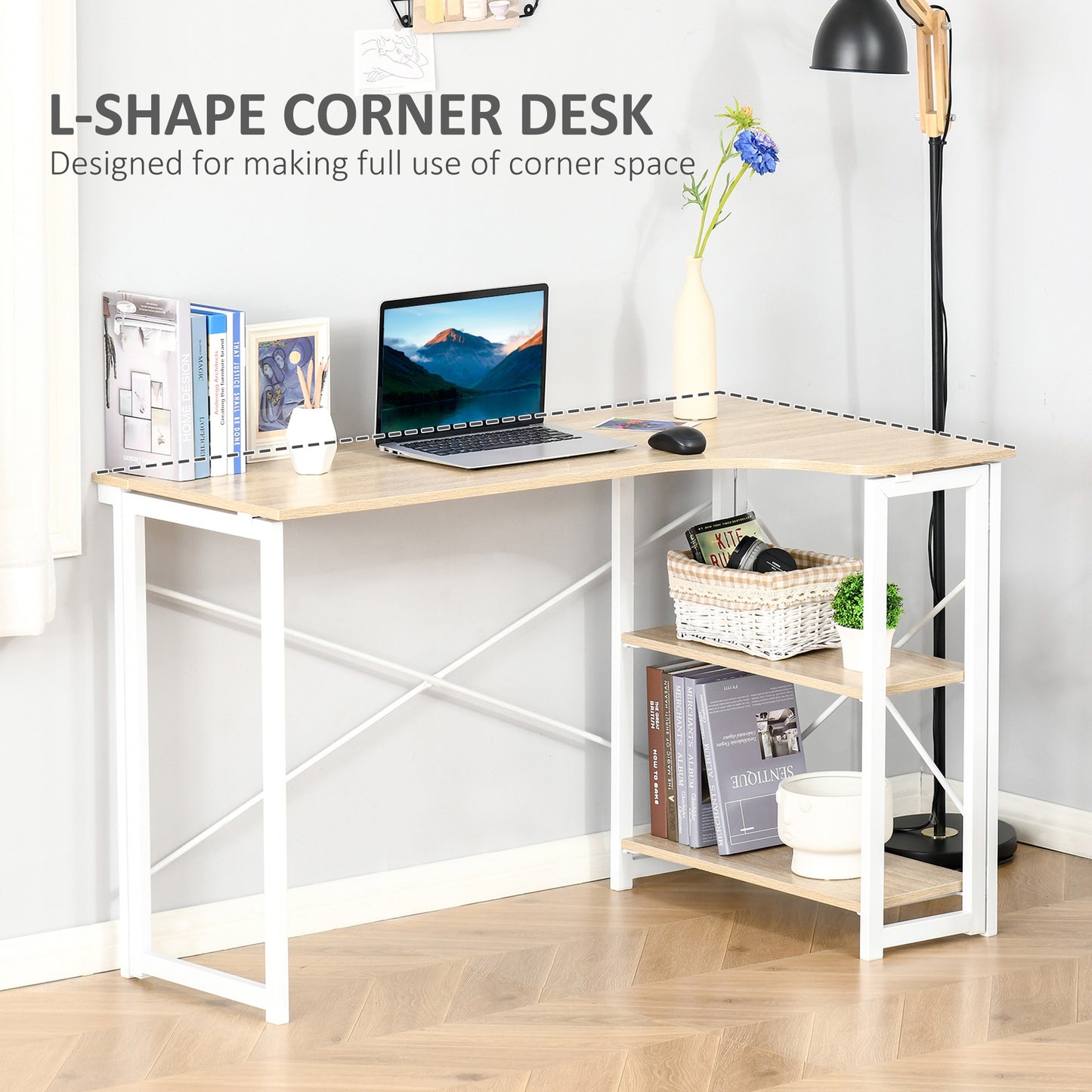 Folding Desk, L Shaped Desk, Corner Computer Desk with 2-Tier Storage Shelf for Home Office, Study Room, Workstation