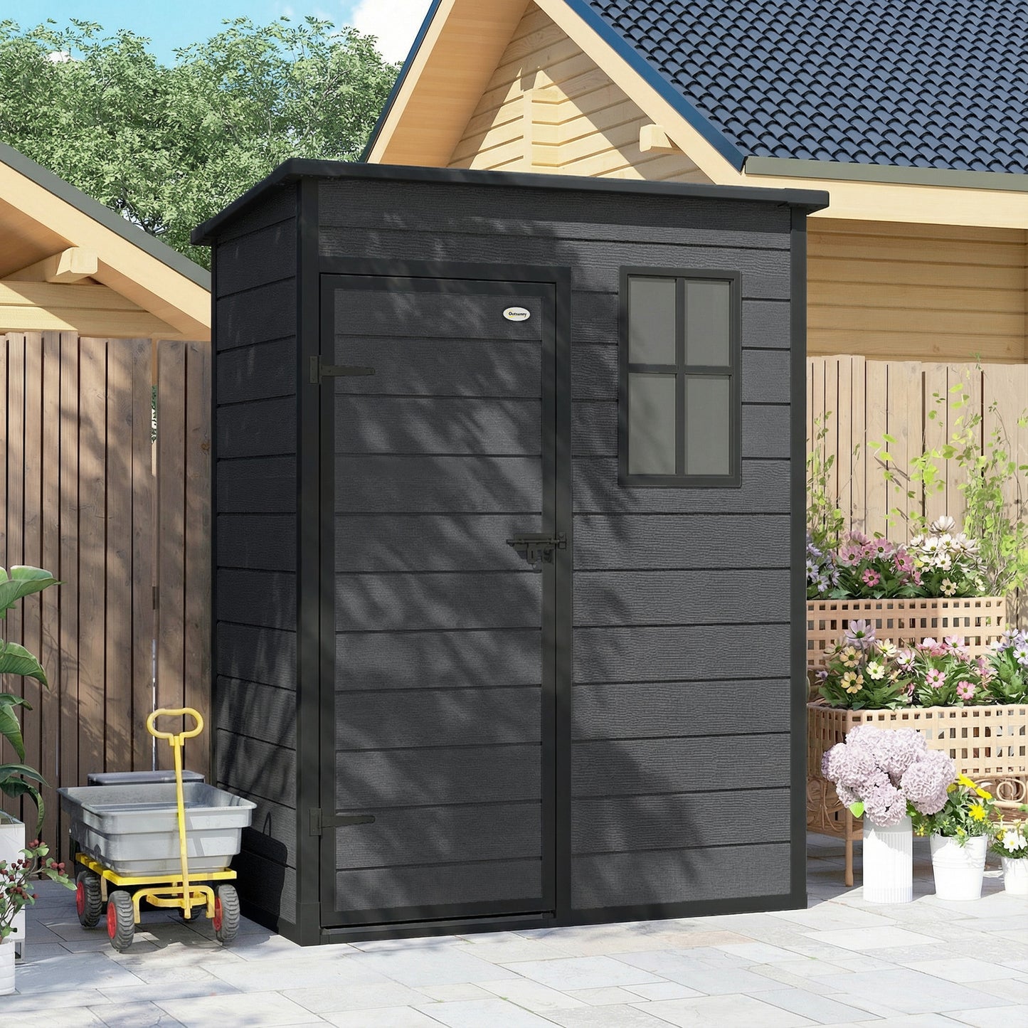 5' x 3' Garden Shed with Floor, Outdoor Storage Shed with Lockable Door, Window and Vent, Dark Grey
