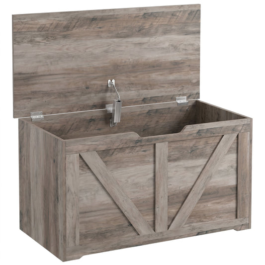 100L Home Storage Box, with Safety Hinge - Grey Wood-Effect