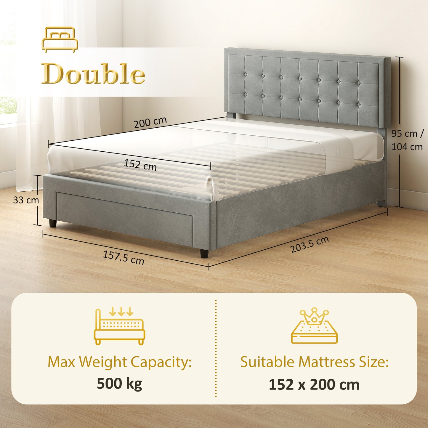 King Size Ottoman Bed Frame, with Front Drawer - Grey