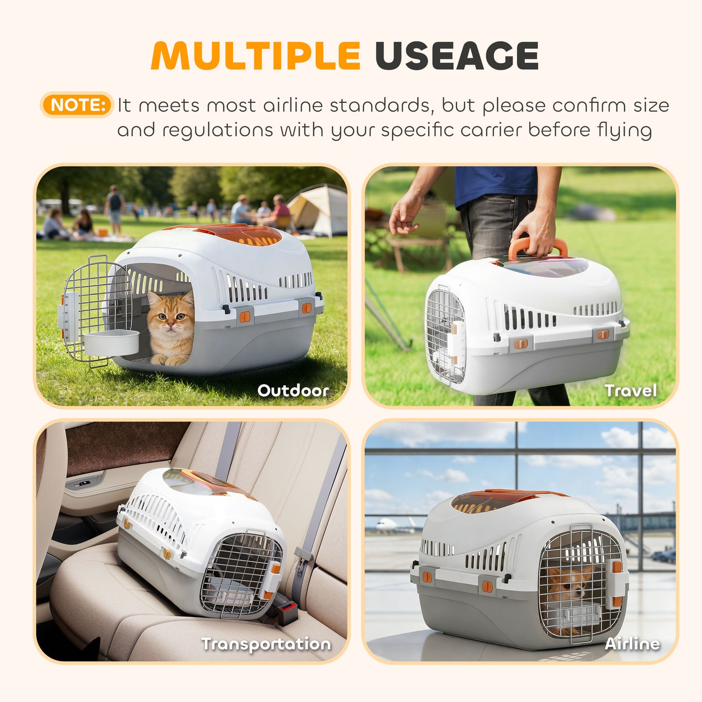 Plastic Pet Carrier Hard Shell Dog Cat Carrier Max 4 KG Steel Door Feed Bowl Secure Lock 49 x 32 x 31 cm