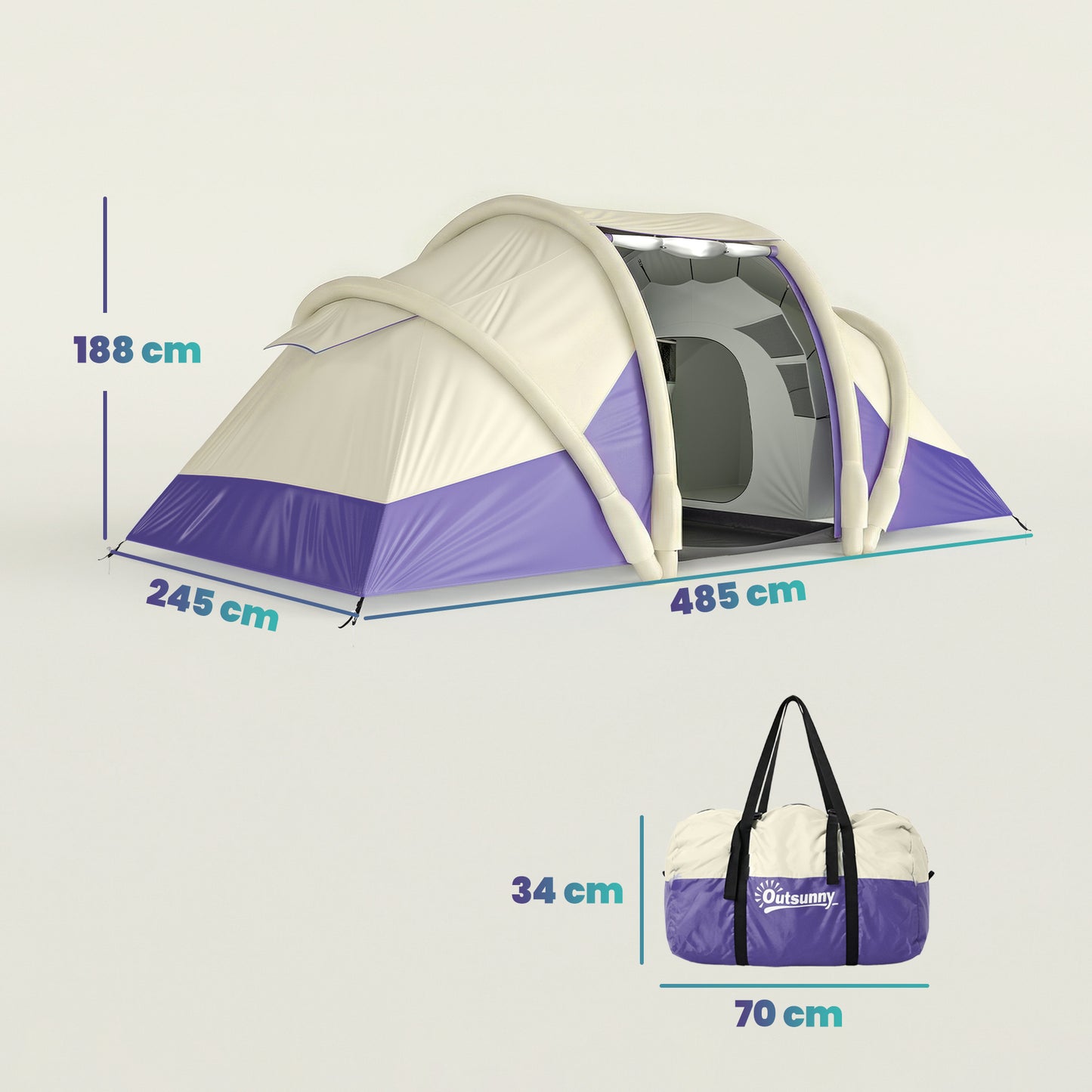 Inflatable Tent 2 Bedroom Tunnel Design Windproof Air Tent with Carry Bag for 4 Person