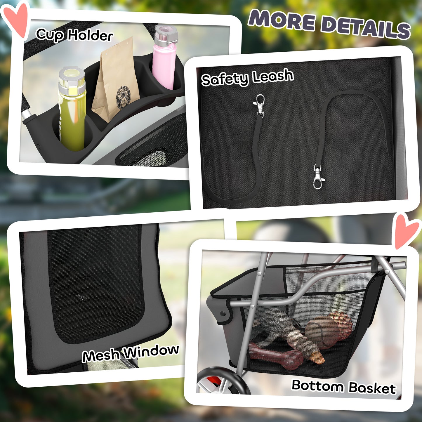 Dog Pram, Pet Stroller with Reflective Strips, Foldable Cat Stroller with 360° Swivel Wheels, Dark Grey