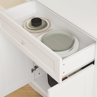 4-Door Kitchen Cupboard with Drawer, Freestanding Kitchen Cabinet with Glass Doors, Adjustable Shelves and Open Counter