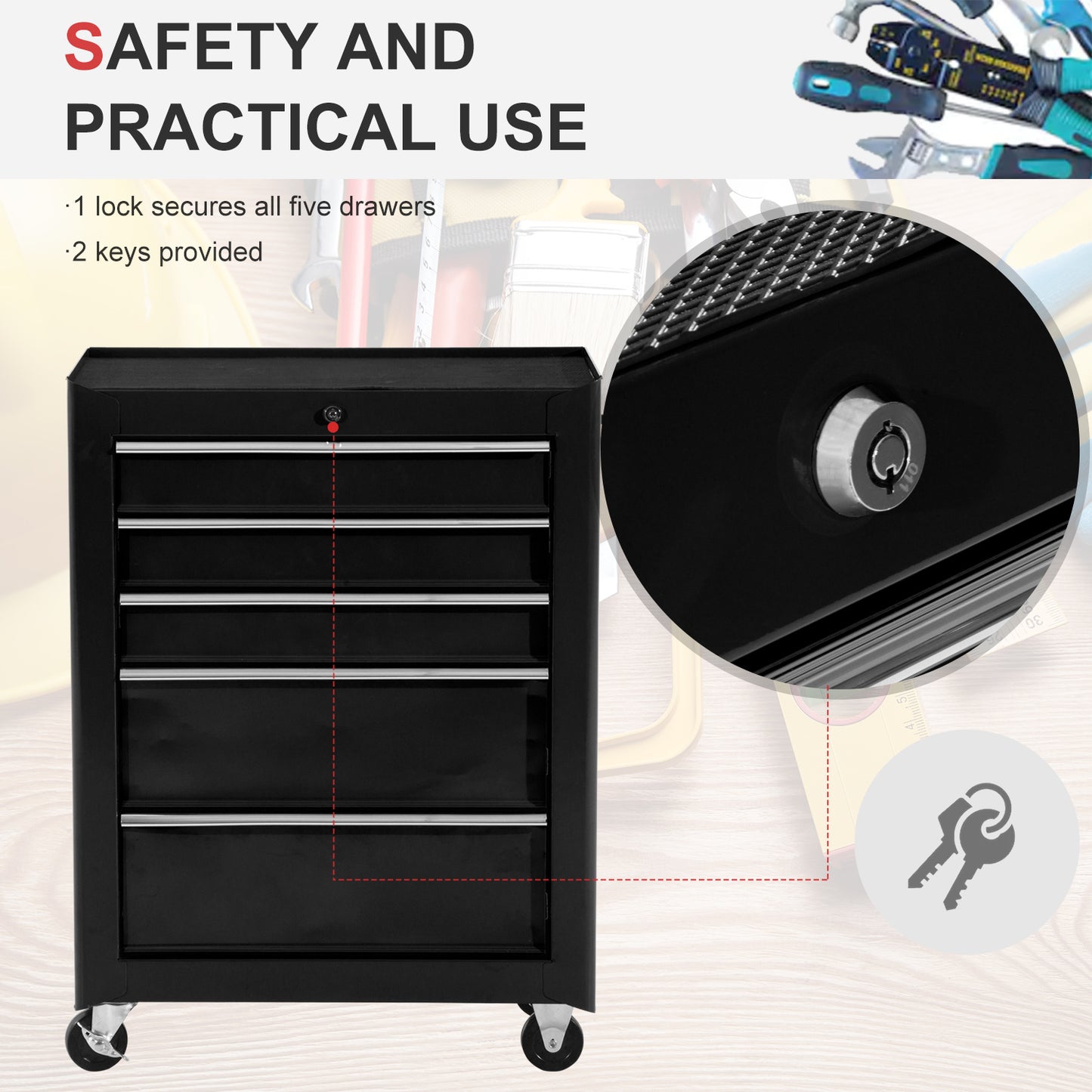5-Drawer Tool Box on Wheels, Lockable Tool Storage Cabinet with EVA Pat, Black
