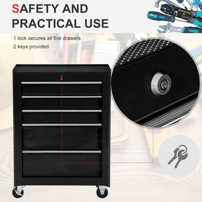 5-Drawer Tool Box on Wheels, Lockable Tool Storage Cabinet with EVA Pat, Black