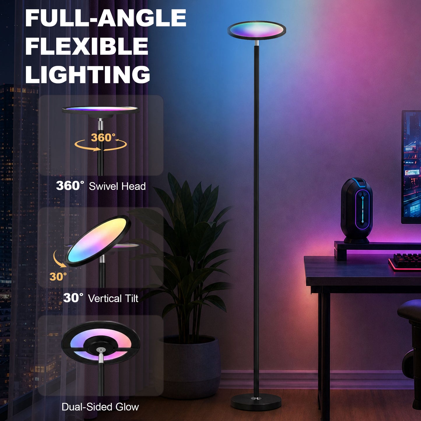 Uplighter Floor Lamp with Tuya App and Music Sync, Standing Lamp with Adjustable Head for Living Room Bedroom, Black