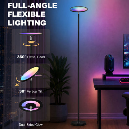 Uplighter Floor Lamp with Tuya App and Music Sync, Standing Lamp with Adjustable Head for Living Room Bedroom, Black