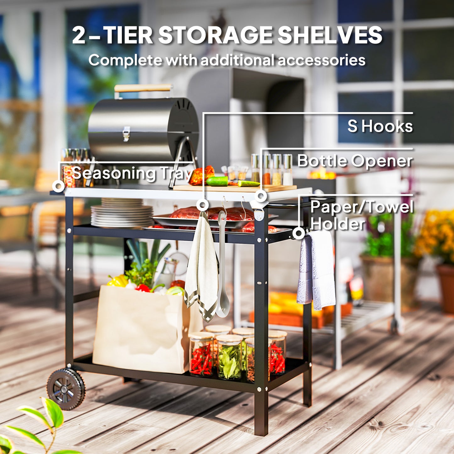 BBQ Trolley with Stainless Steel Top Adjustable Shelf, Outdoor Kitchen Barbecue Station with Hooks Seasoning Tray Towel Rack