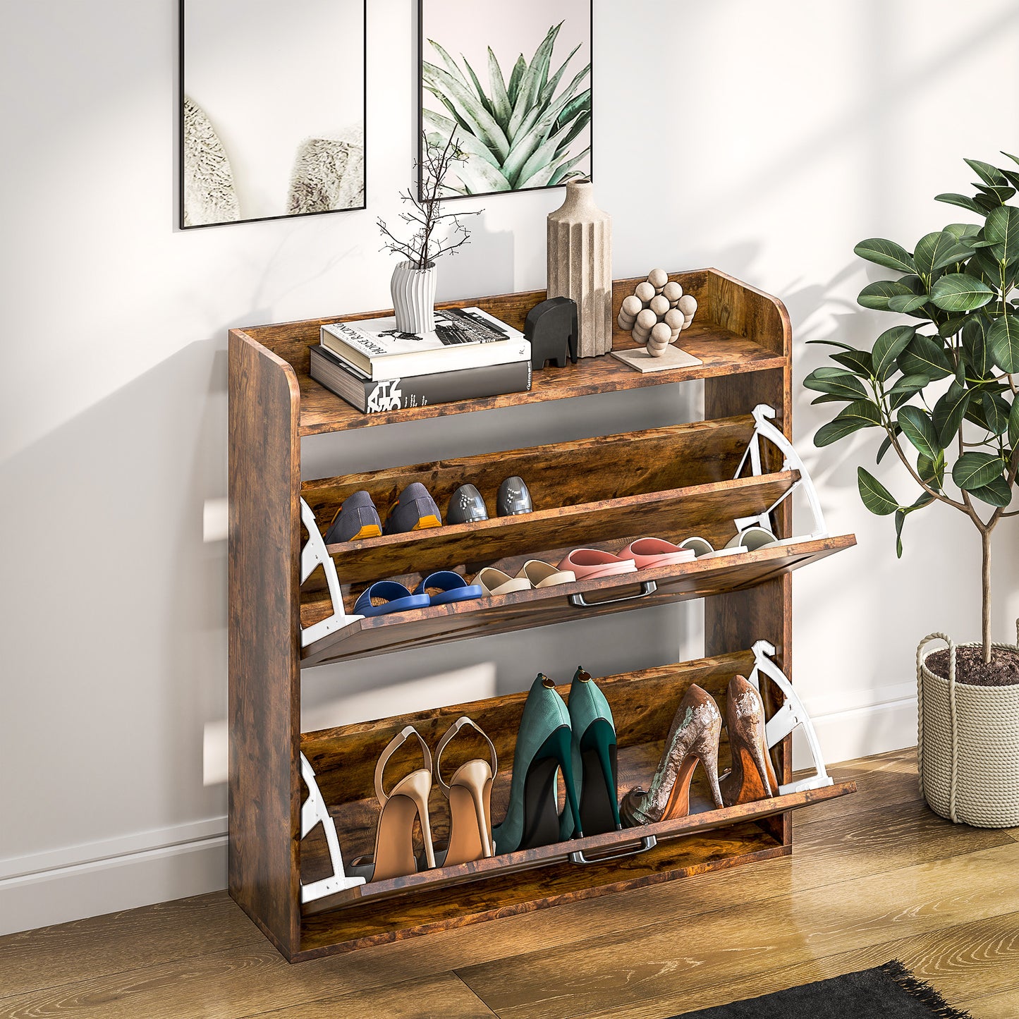 Two Flip Drawer Narrow Shoe Cabinet with Adjustable Shelves - Rustic Brown