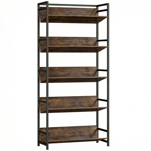 Bookshelf 5-Tier Metal Frame Room Divider Bookcase Storage Shelves for Living Room Rustic Brown