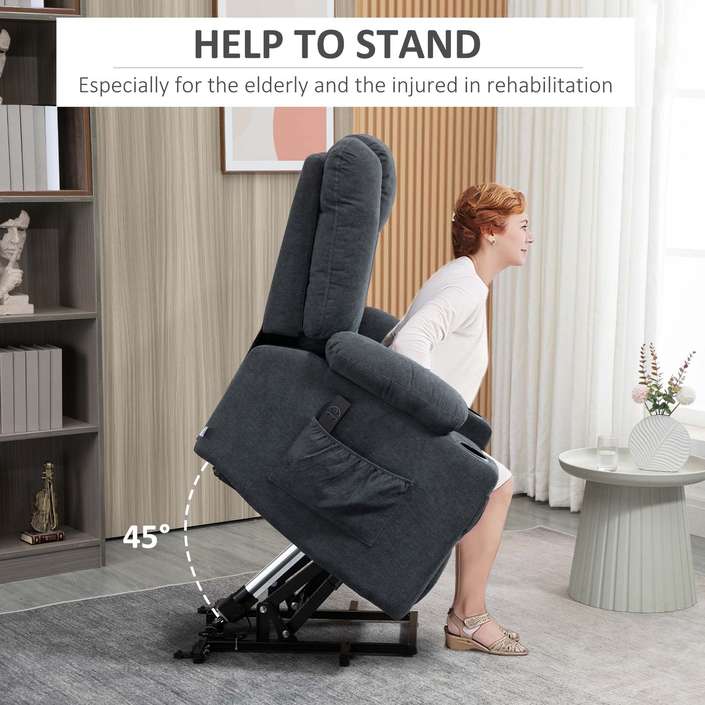 Electric Riser Recliner Armchair， Oversized Chair with Cup Holder & Side Pockets for Elderly in Living Room, Charcoal Grey