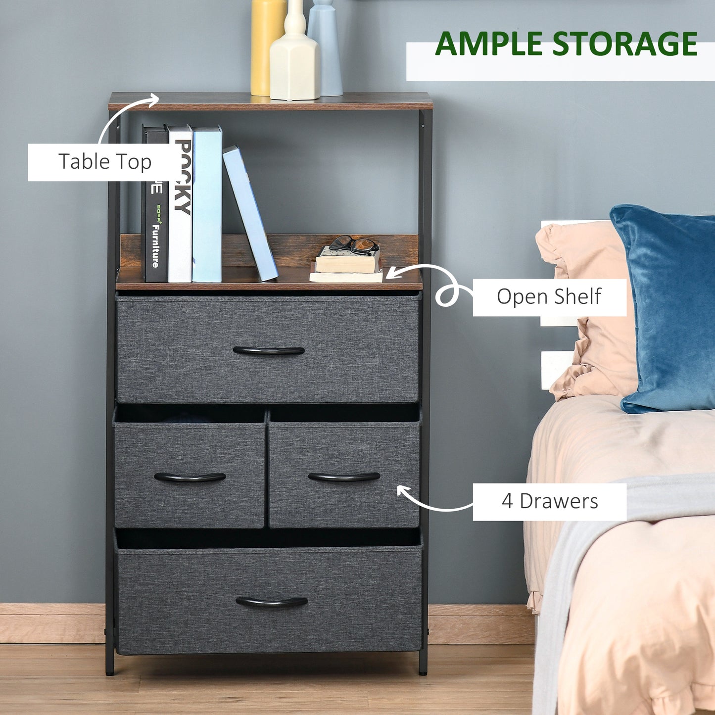 4 Drawer Storage Chest Unit Home Cabinet w/ Shelves for Living Room Bedroom Entryway Living Furniture, Black