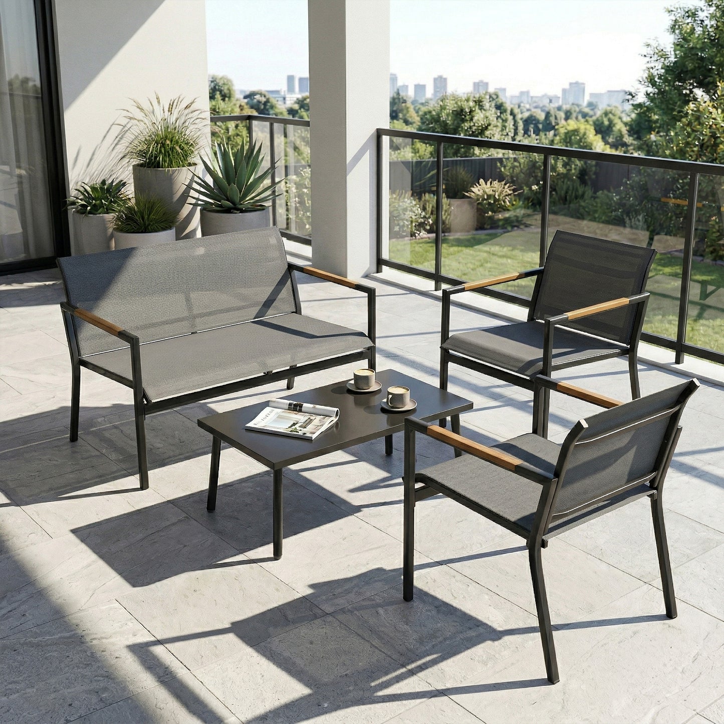 4 Seater Garden Furniture Set with Loveseat, Armchairs, Table, Metal Garden Sofa Set with Breathable Seats, Grey