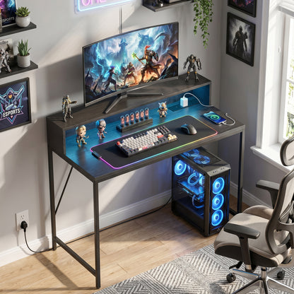 Gaming Desk, 100cm Computer Desk with LED Lights, Power Outlets, Monitor Stand and Remote, Black Wood-Effect