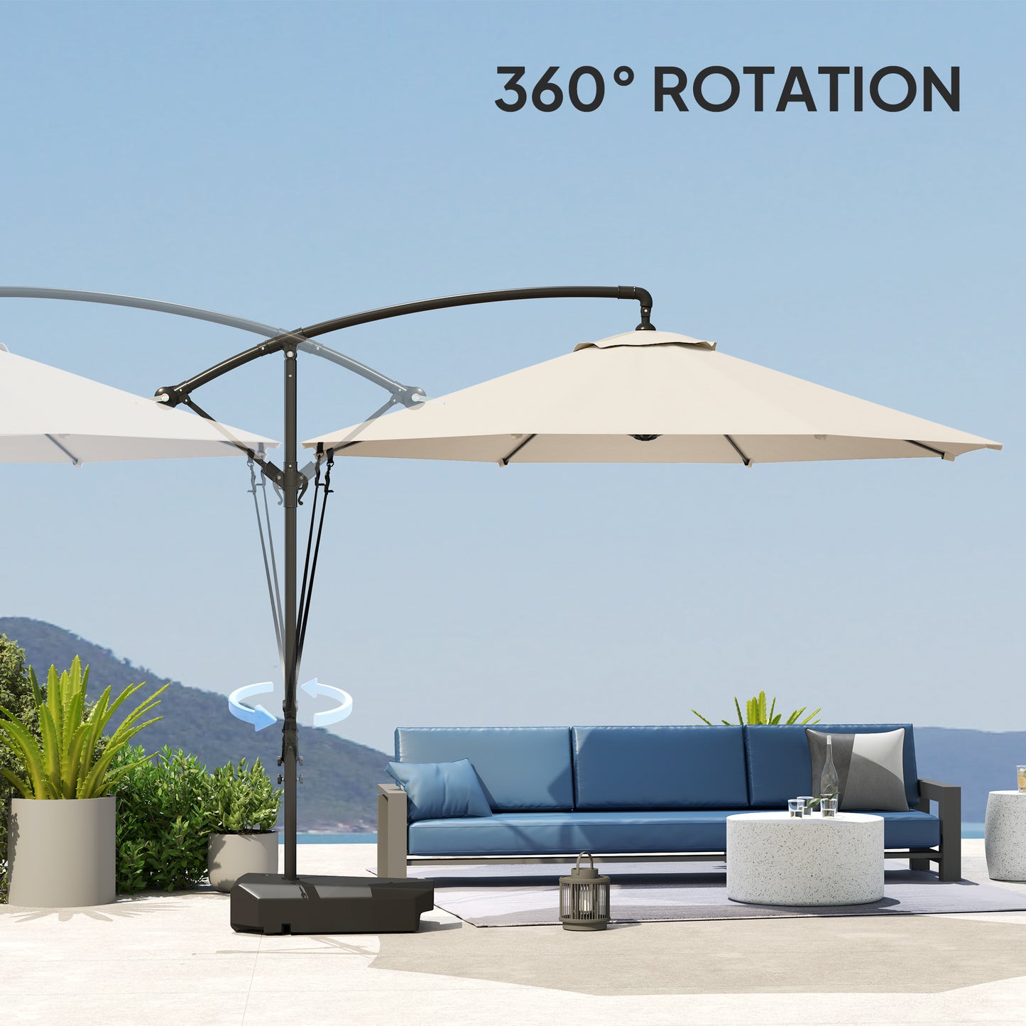 3(m) Garden Cantilever Parasol with Fillable Base up to 90kg, Wind Protection Strap, Cover