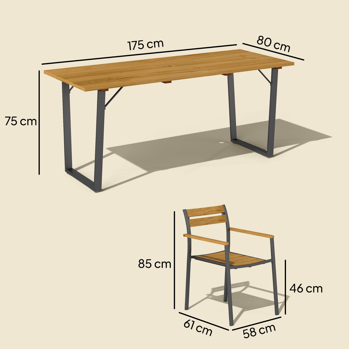 Seven-Piece Wood Panel Patio Dining Set with ⌀5 cm parasol hole - Brown/Black