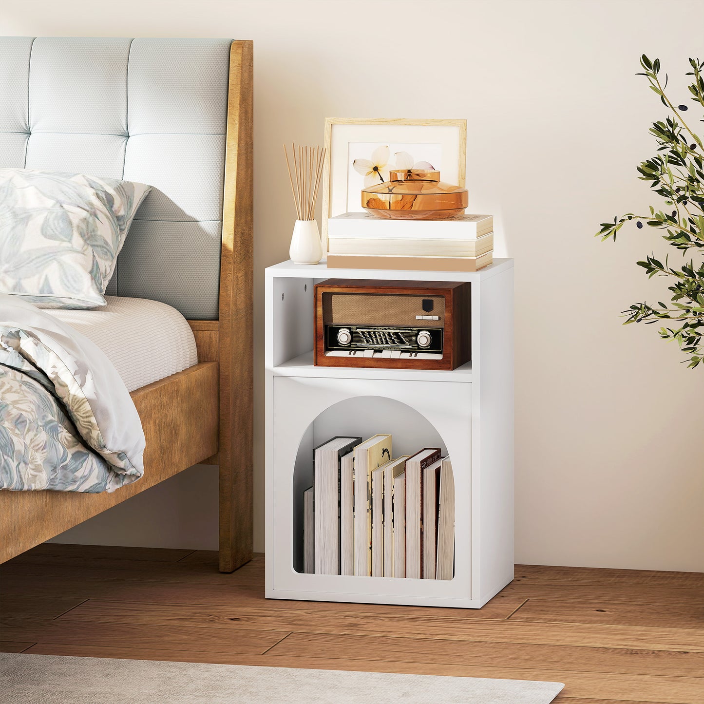 Bedside Table with 2 Open Compartments - White