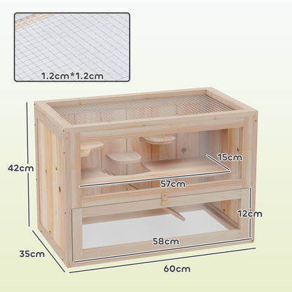 Wooden Hamster Cage Mouse Mice Rodent Small Animals Hutch Exercise Play House 60 x 35 x 42cm, Natural Wood Finish