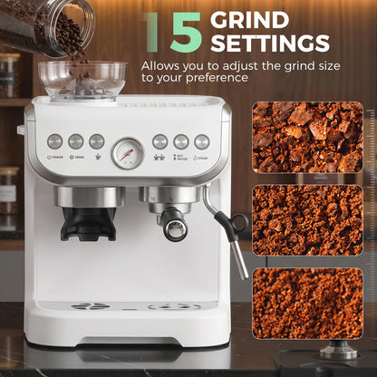 15 Bar Coffee Machine, with Adjustable Grind, Steamer and Accessories - White