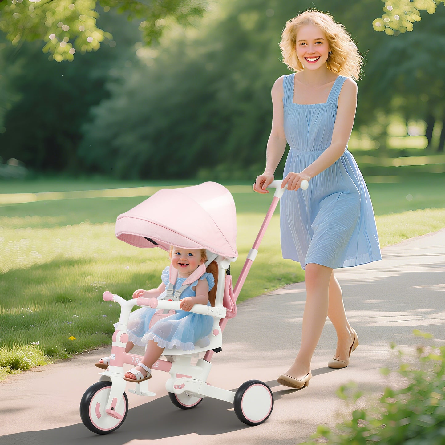 5 in 1 Kids Trike with Adjustable Backrest, Toddler Tricycle with Push Handlebar, Adjustable Backrest, Pink