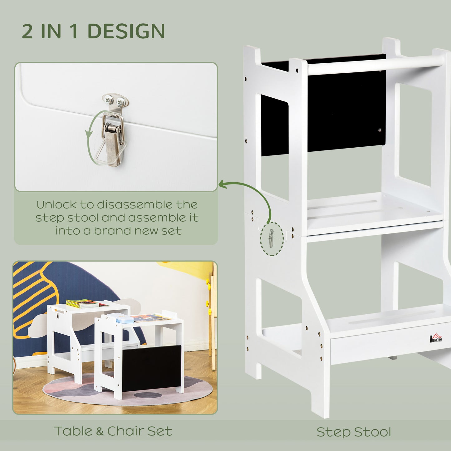 Toddler Learning Tower, 2 in 1 Toddler Step Stool for Kids with Chalkboard and Security Rail