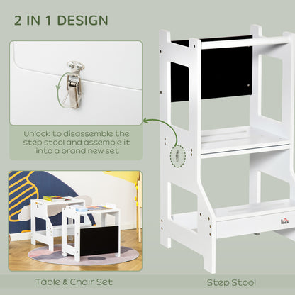 Toddler Learning Tower, 2 in 1 Toddler Step Stool for Kids with Chalkboard and Security Rail