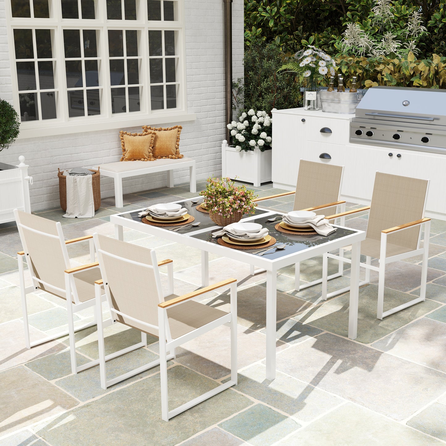 5 Piece Garden Furniture Set with 4 Armchairs and Tempered Glass Table Top, for Deck, Balcony