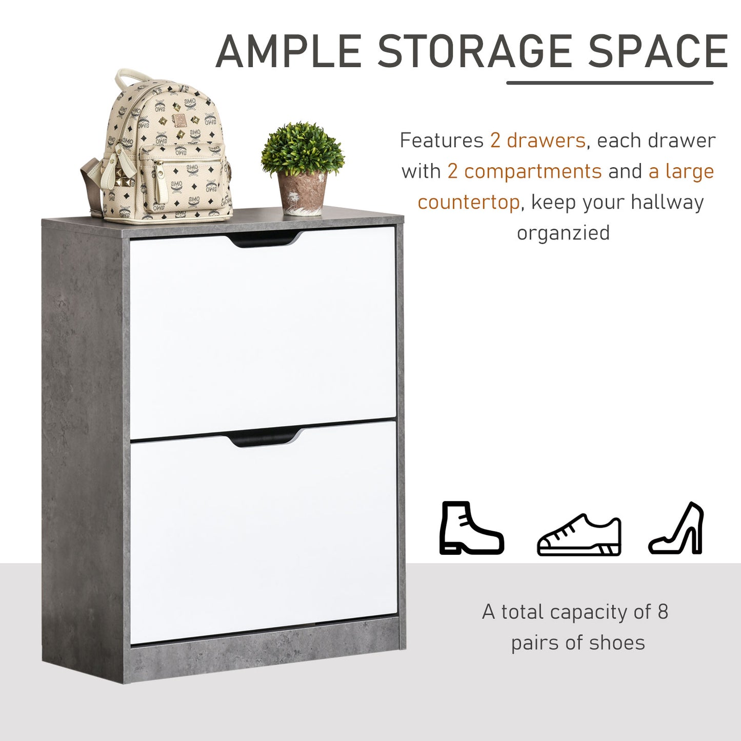 Two Drawer Shoe Cabinet Home Storage Organiser w/ Groove Handles Adjustable Shelves Modern Boxy Rack Hallway Bedroom Furnitur