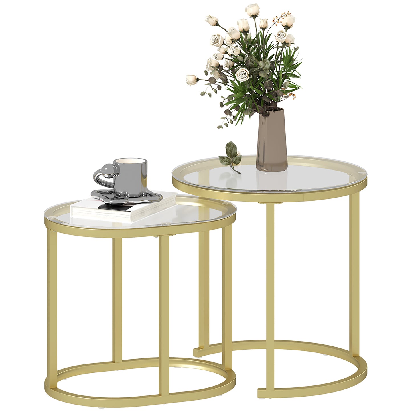 Nest of Tables with Steel Frame and Tempered Glass Tabletop, Modern Coffee Table Set of 2, Clear