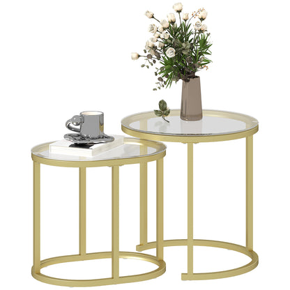Nest of Tables with Steel Frame and Tempered Glass Tabletop, Modern Coffee Table Set of 2, Clear