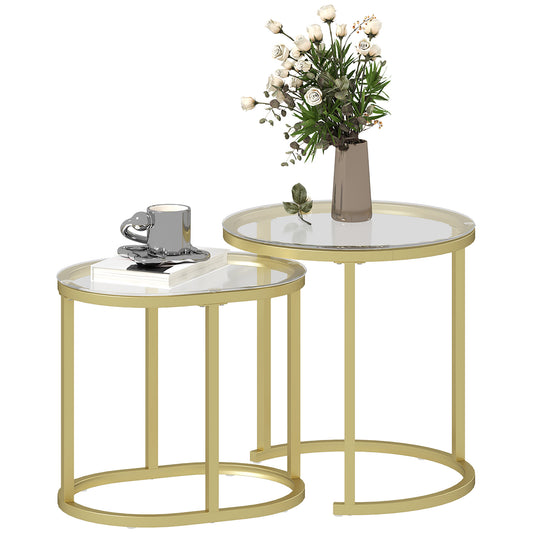 Nest of Tables with Steel Frame and Tempered Glass Tabletop, Modern Coffee Table Set of 2, Clear