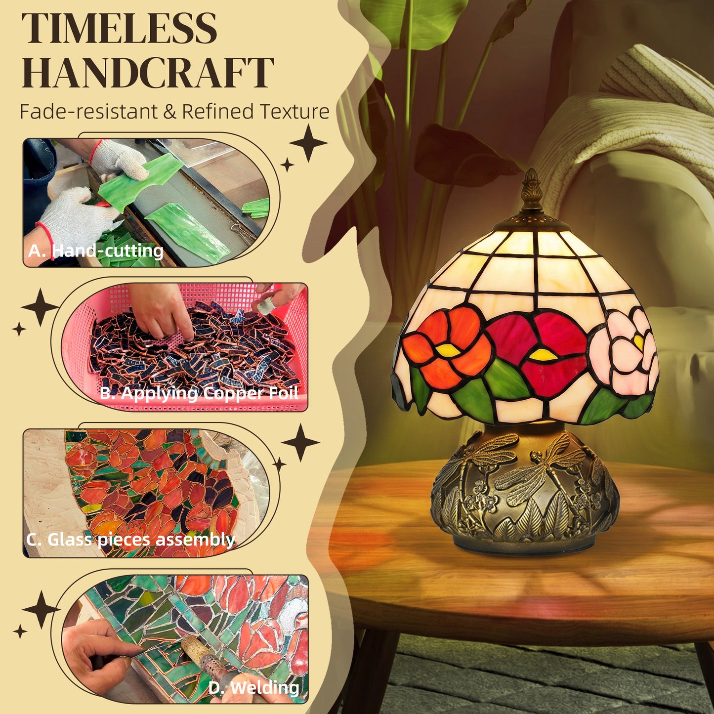 Handcrafted Classic Stained Glass Bedside Lamp, Tiffany-Style Table Lamp with Sculpted Dragonfly Base, Multi-Coloured