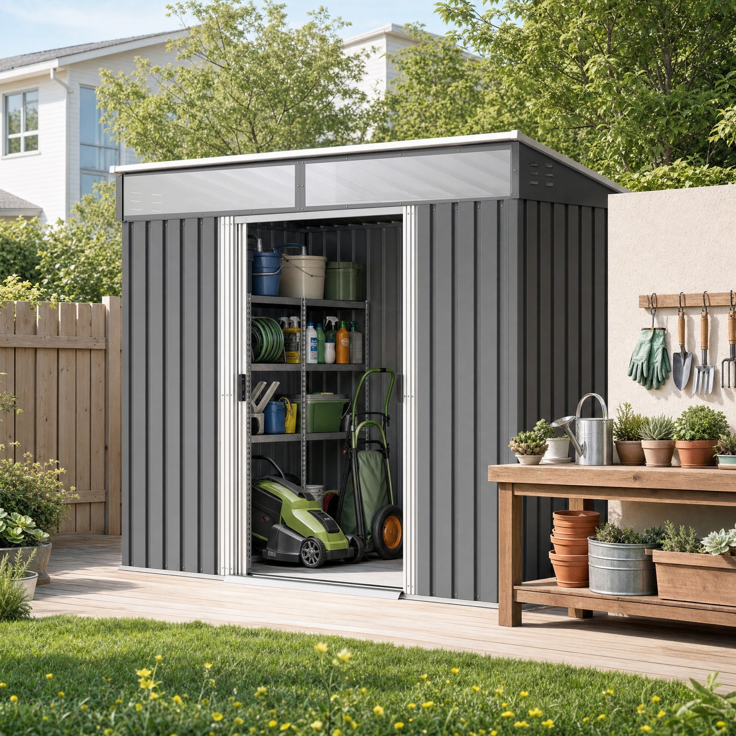 6.5 x 4FT Galvanised Metal Shed with Foundation Kit, Lockable Tool Garden Shed with Double Sliding Doors, Vents, Grey