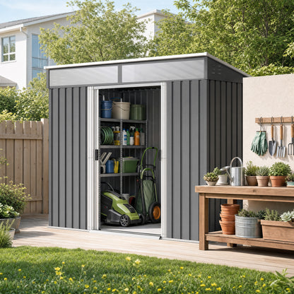 6.5 x 4FT Galvanised Metal Shed with Foundation Kit, Lockable Tool Garden Shed with Double Sliding Doors, Vents, Grey
