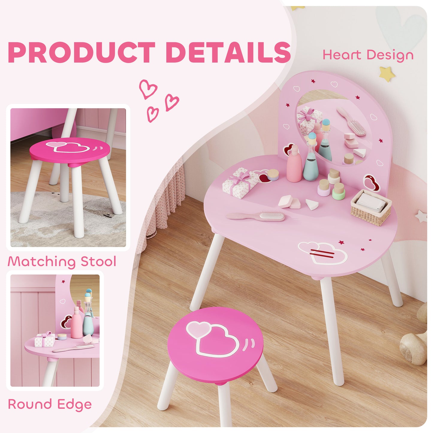 Kids Dressing Table with Mirror and Stool, Girls Vanity Set for Kids Room, Bedroom, Nursery, for Ages 3–6 Years, Pink