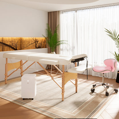 Portable Massage Bed, Folding Spa Beauty Massage Table with 2 Sections, Carry Bag and Wooden Frame, Cream