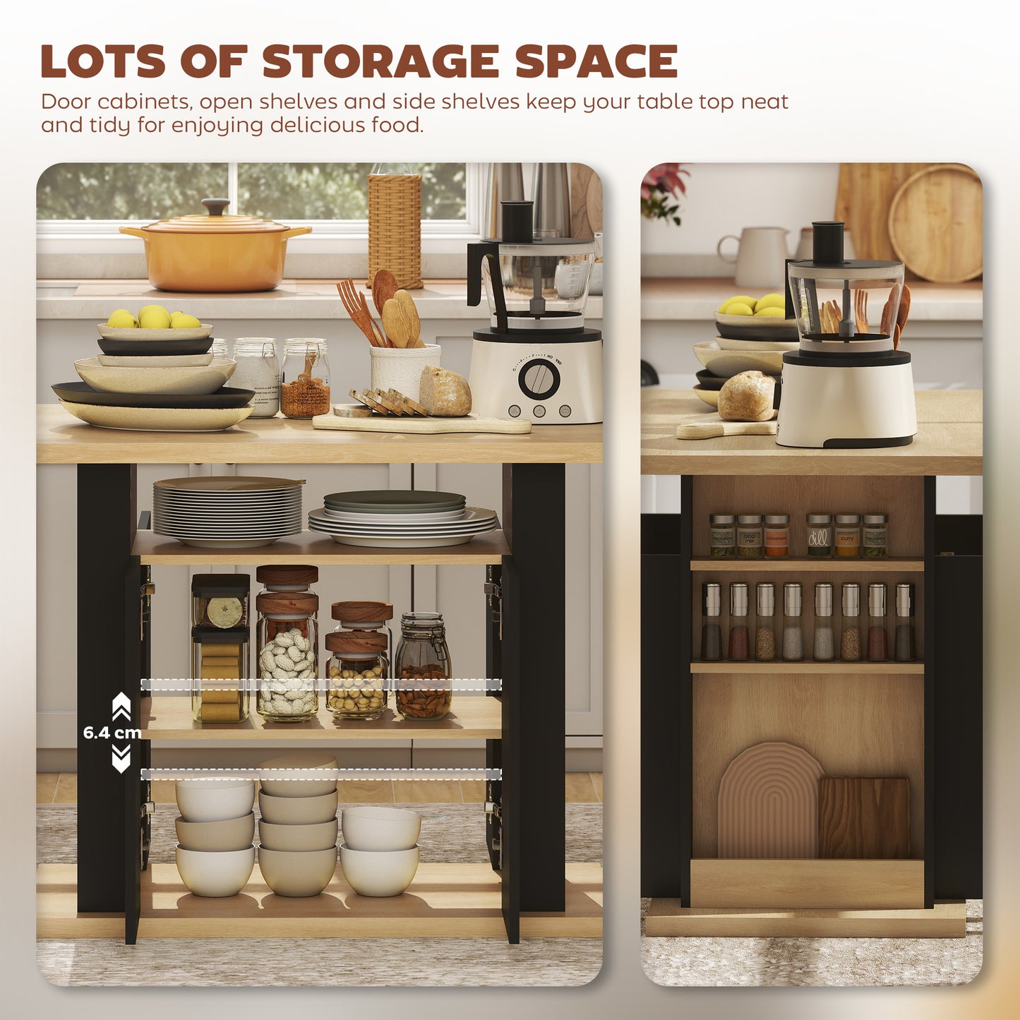Kitchen Island with Spice Rack, Kitchen Storage with Large Tabletop for 4 People, Adjustable Shelves Black & Natural