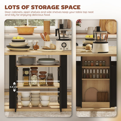 Kitchen Island with Spice Rack, Kitchen Storage with Large Tabletop for 4 People, Adjustable Shelves Black & Natural