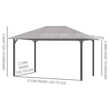 3 x 4m Hardtop Gazebo Canopy with Polycarbonate Roof, Aluminium Frame, Permanent Pavilion Garden Gazebo