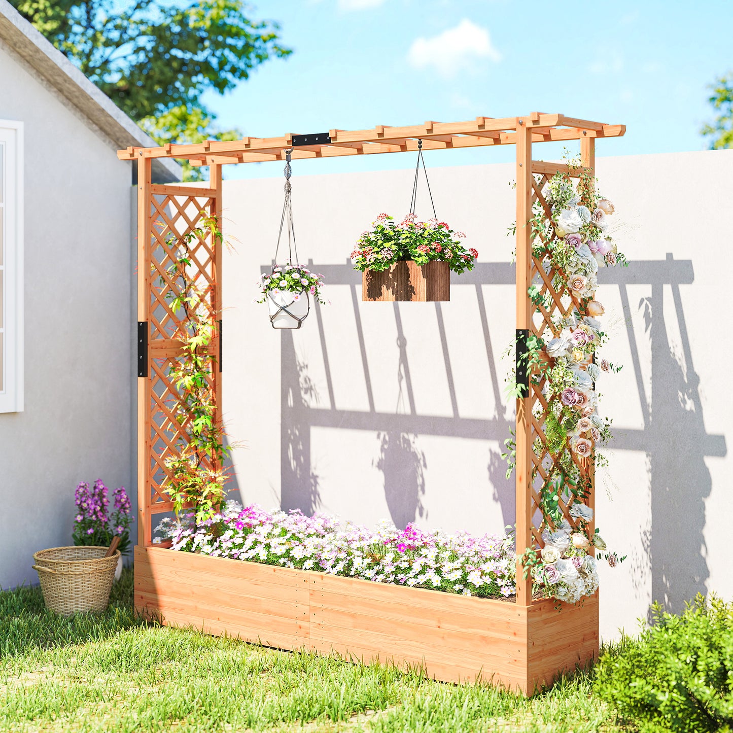 Fir Wood 171 x 39 cm Planter and Trellis Garden Bed