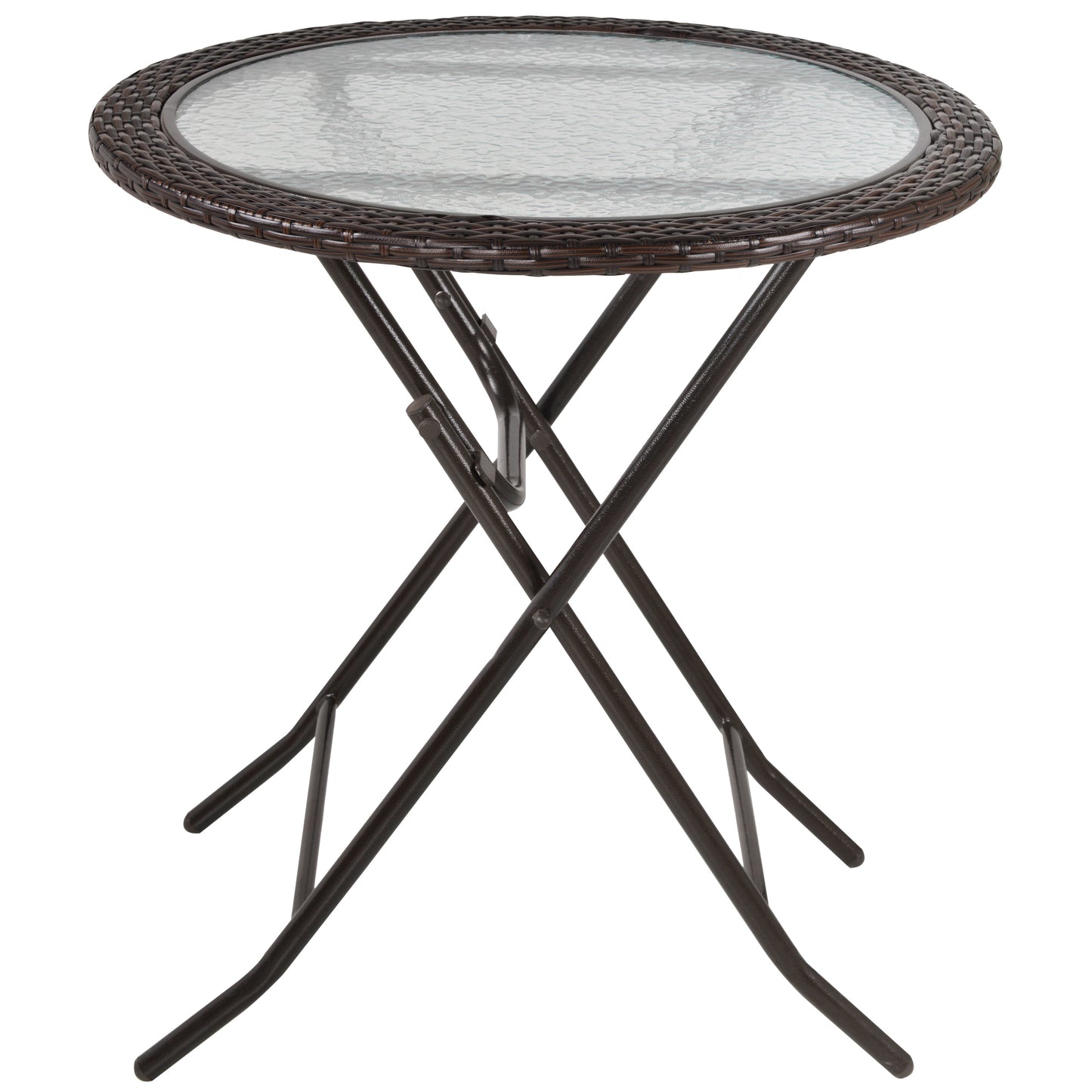 Folding Rattan Garden Dining Table, 68 cm Round Rattan Garden Table with Water Ripple Tempered Glass Top