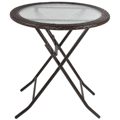 Folding Rattan Garden Dining Table, 68 cm Round Rattan Garden Table with Water Ripple Tempered Glass Top